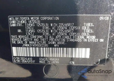 2009 Toyota Rav4 Limited V6 from USA, damaged, VIN JTMBK31V09D002285